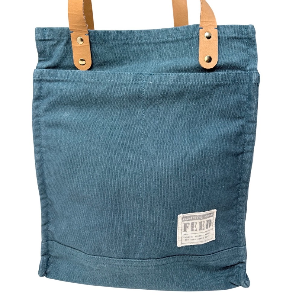 FEED Projects Teal Blue Canvas Market Tote Bag Leather Handles Pockets